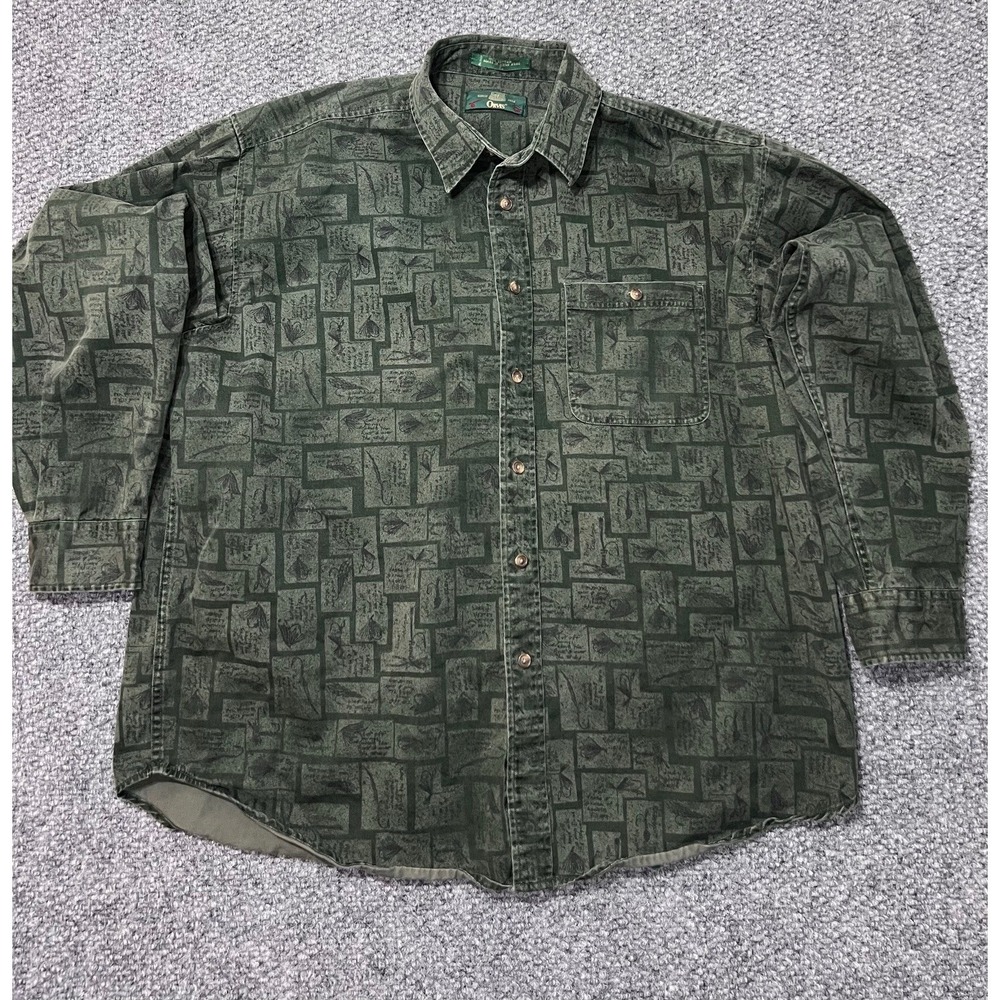 Orvis Men's Graphic Print Cotton Button-Up Shirt Green Long Sleeve XL